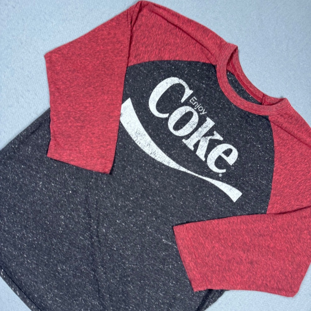 Coca-Cola Graphic Raglan T-Shirt Mens Large Black Red Baseball Style Distressed - Picture 3 of 11
